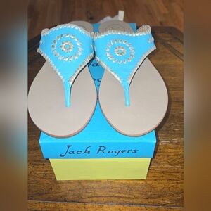 Jack Rogers Blair Sandals Caribbean Blue Gold Whipstitch Sz 11M